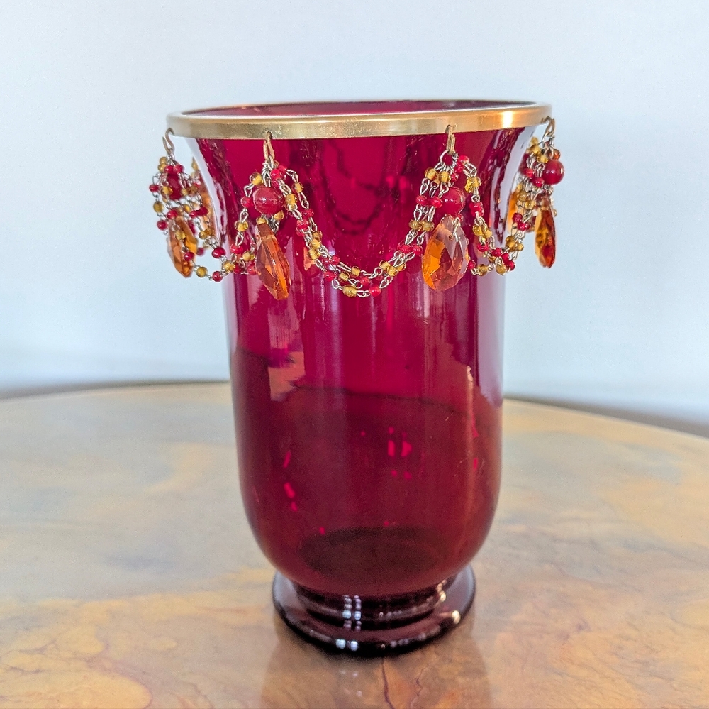 Vintage Exquisite Ruby Satin Glass Dangling Drape Beads Vase Glam Decor Regency
